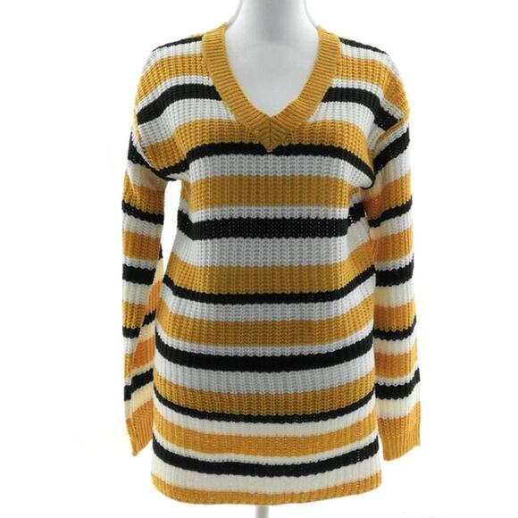 LA Gold Sweaters - L.A. Gold Striped V Neck Sweater Large Mustard Black White Cozy Knit Pullover